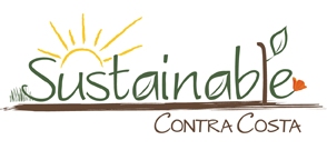 sustainable contra costa logo which is written out with trees and flowers as letters and a sun rising in the background