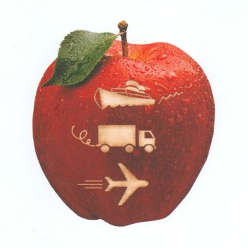 apple with a ship truck and plane on the side of it